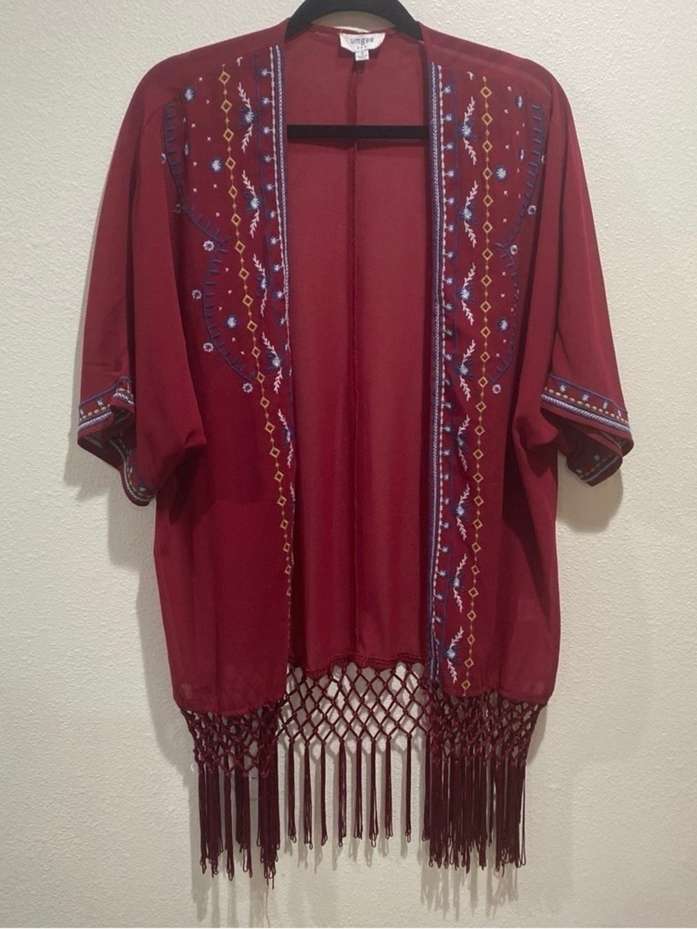 Boho Embroidered Fringe Kimono - Deep Burgundy